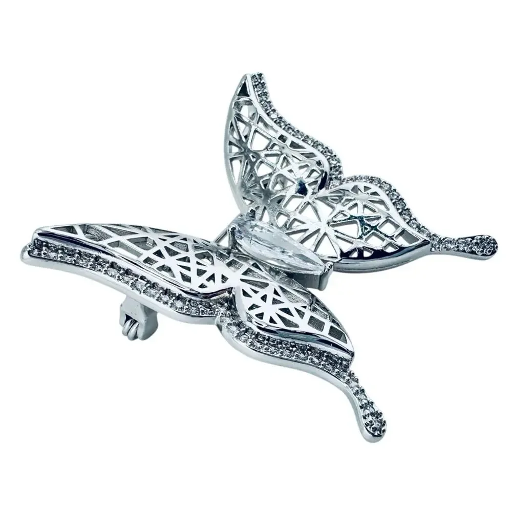 Cubic Zirconia Butterfly Abstract Filigree Chrome Finish Silver Tone Brooch